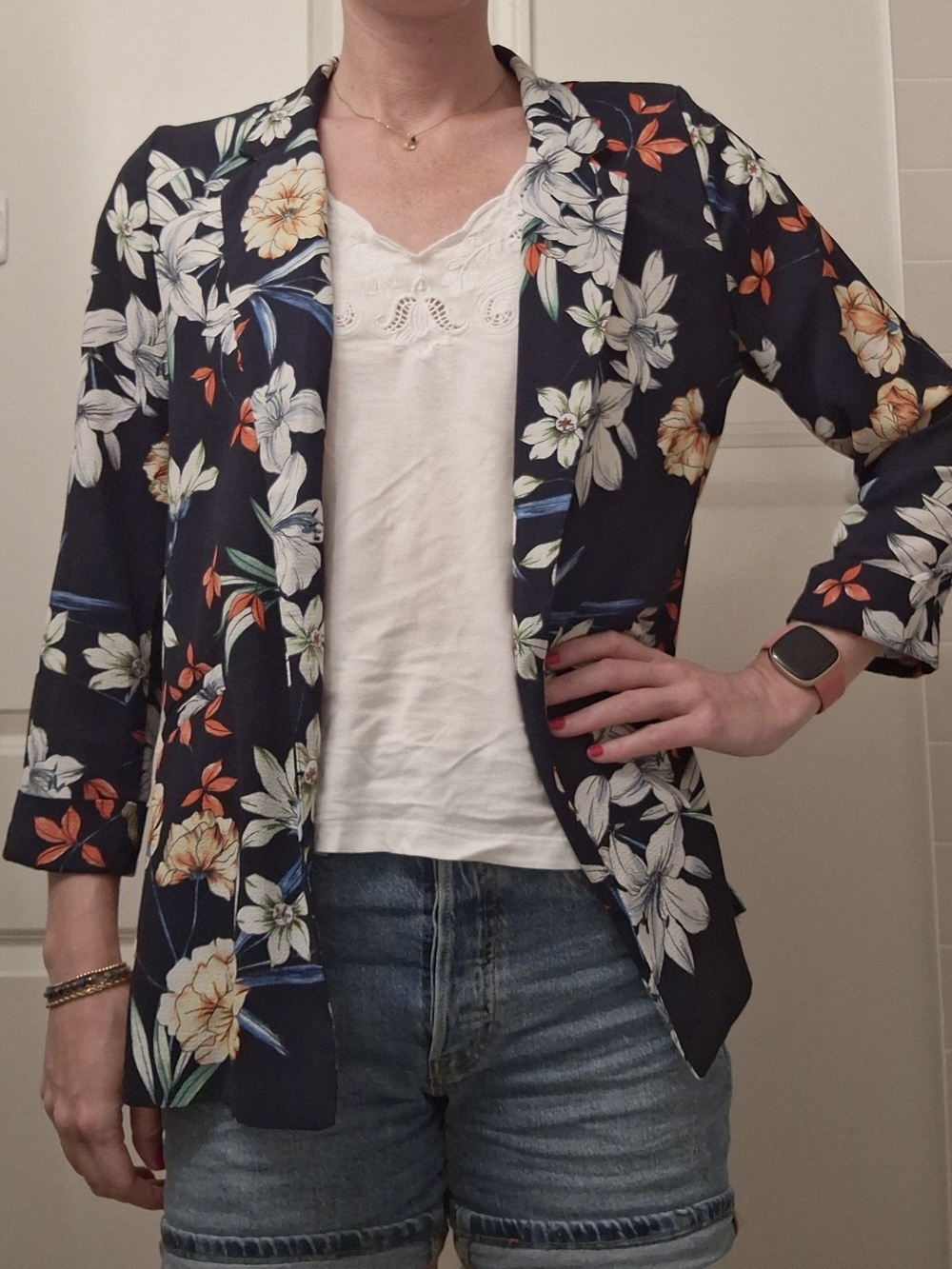 Floral Open-Front Navy Women's Blazer